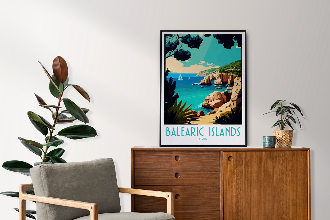 Balearic Islands Spain Rocky Coast Sailboats Travel Art Poster - Image 3