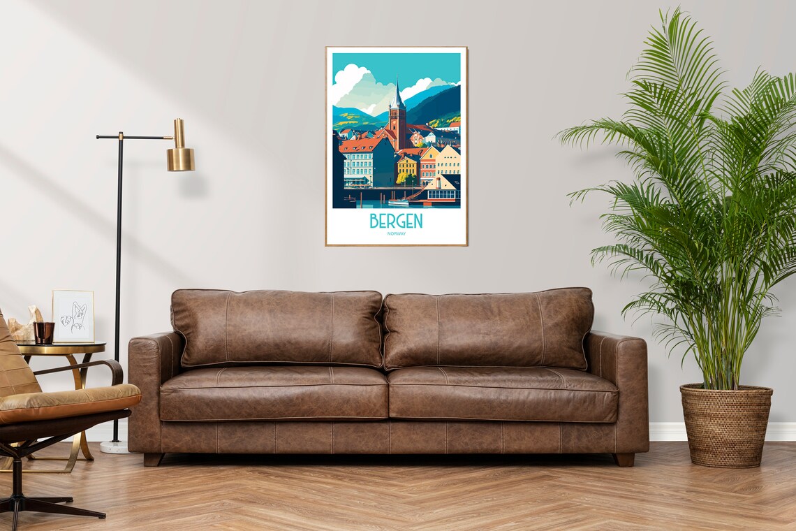 Bergen Norway Colorful Wharf Church Fjord Retro Travel Poster - Image 3