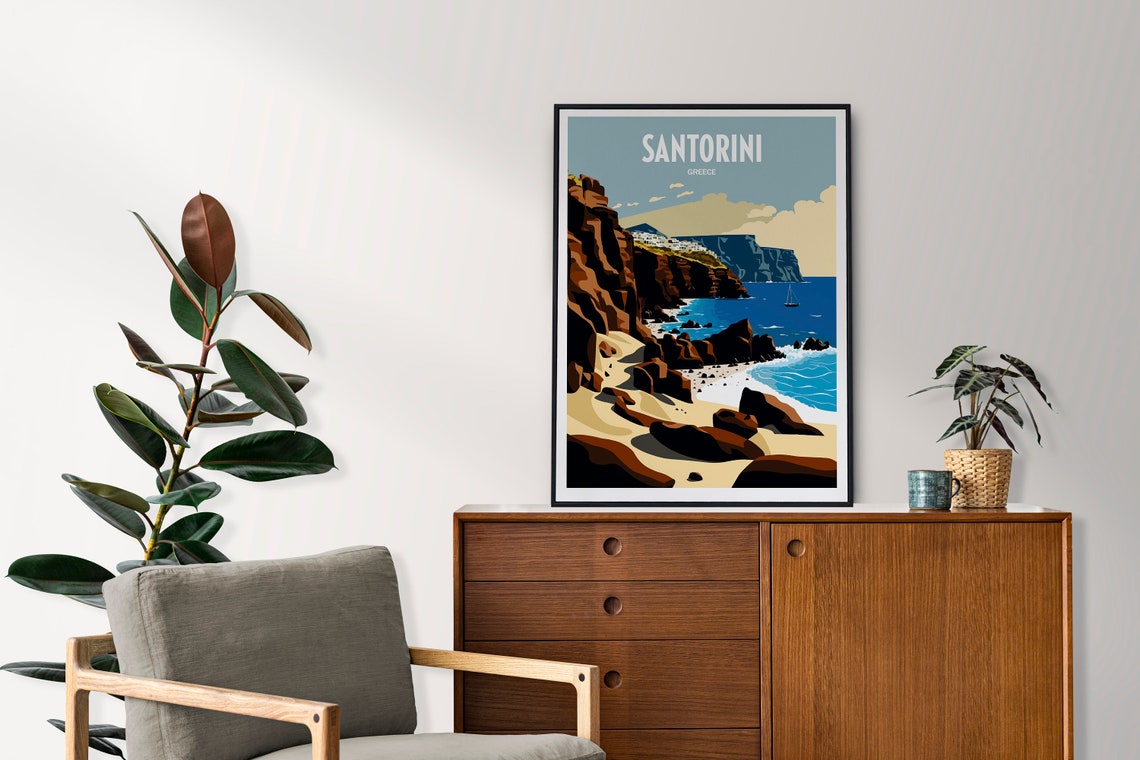 Santorini Greece Vintage Rocky Cliffs Sailboat Travel Poster - Image 3