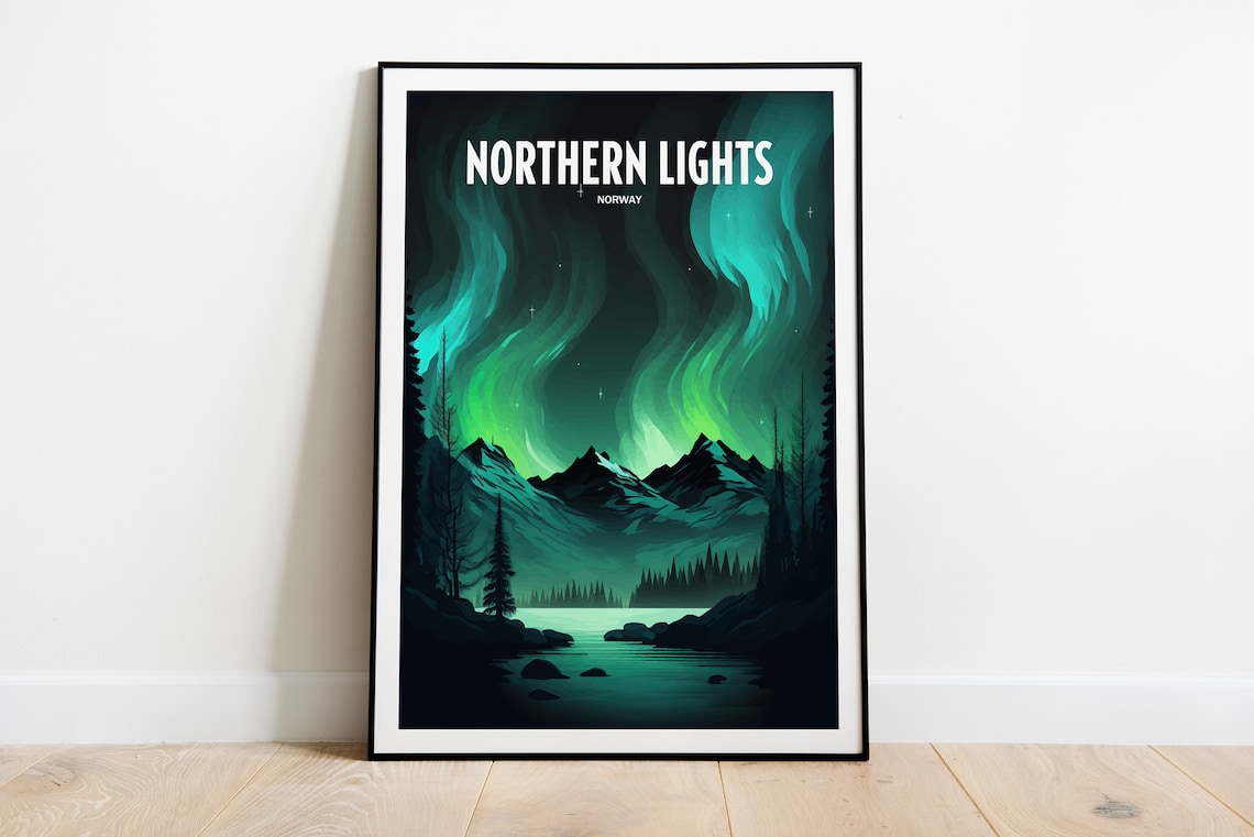Northern Lights Norway Aurora Green Snowy Peaks Travel Poster