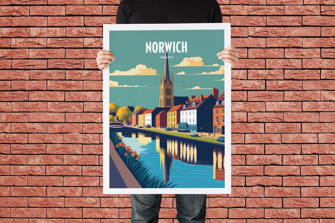 Norwich England Riverside Cathedral Spire Vintage Travel Poster - Image 3