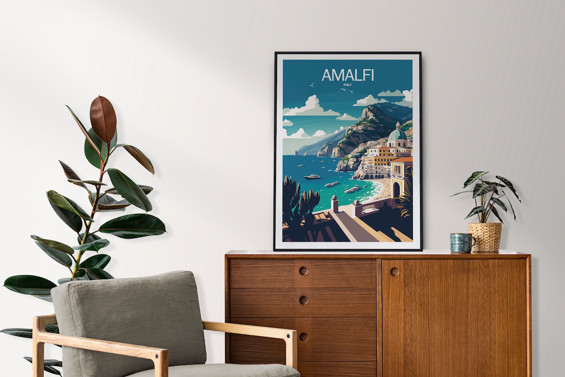 Amalfi Italy Retro Travel Poster with Coastline Town and Boats