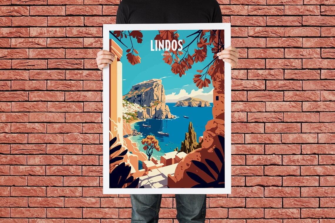 Lindos Greece Rhodes Acropolis Rock Bay Boats Vintage Travel Poster - Image 3