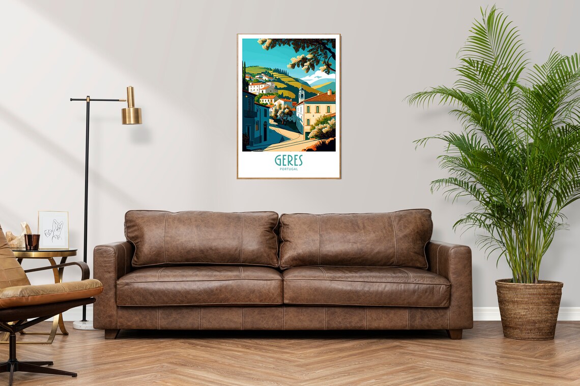Geres Portugal Blossom Village Rolling Hills Vintage Travel Poster - Image 3