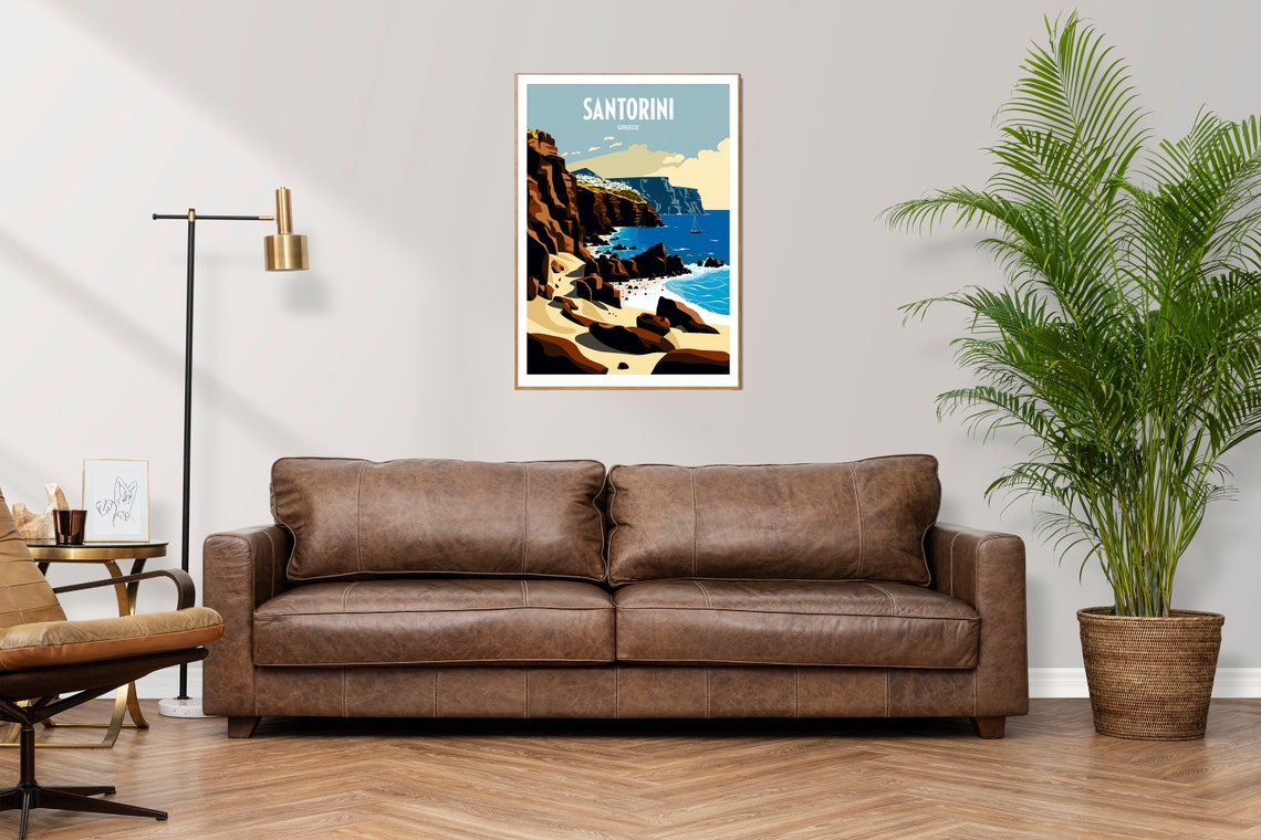 Santorini Greece Vintage Rocky Cliffs Sailboat Travel Poster - Image 2