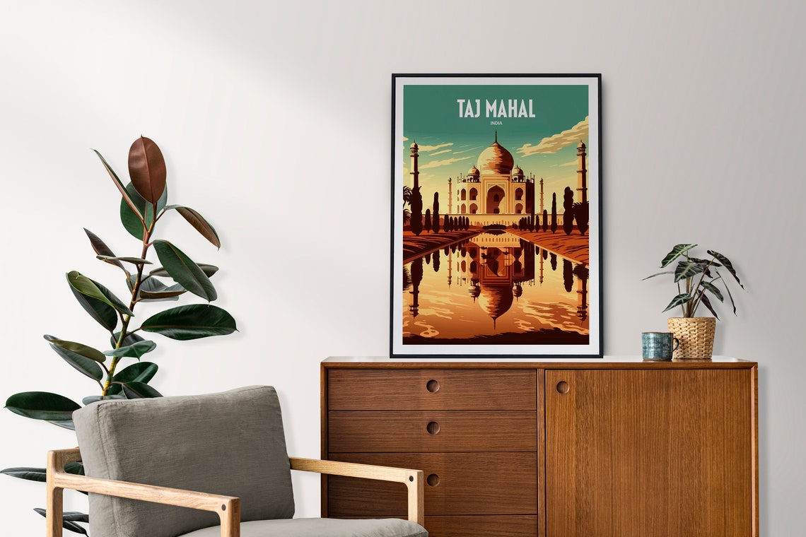 Taj Mahal India Sunset Reflection Golden Retro Travel Poster - Image 2