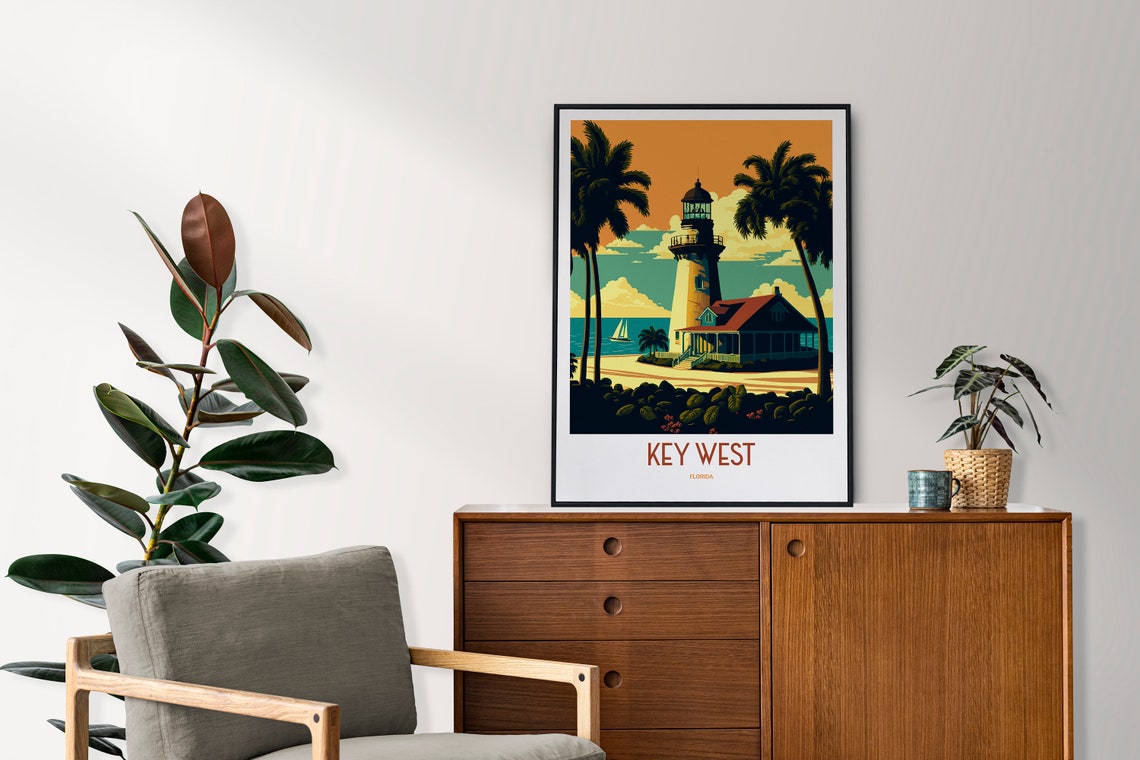 Key West Florida Lighthouse Palms Sailboat Retro Travel Poster - Image 2