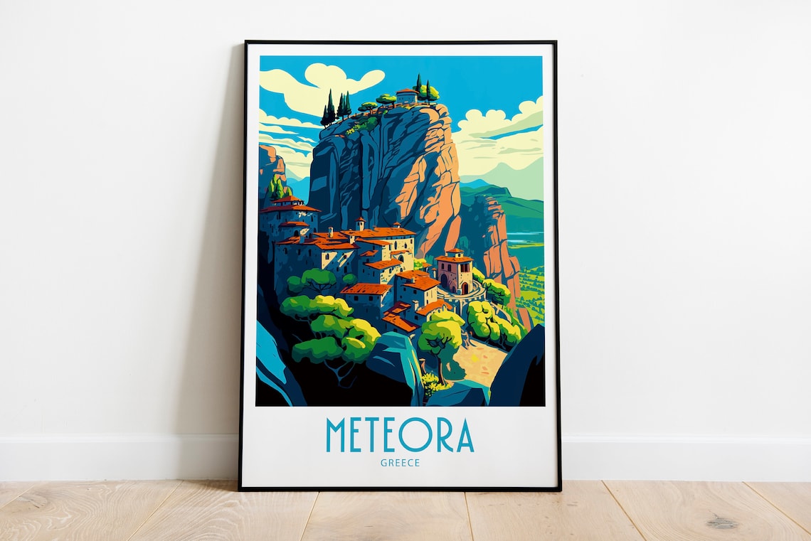 Meteora Greece Famous Monastery Rock Towers Vintage Travel Poster
