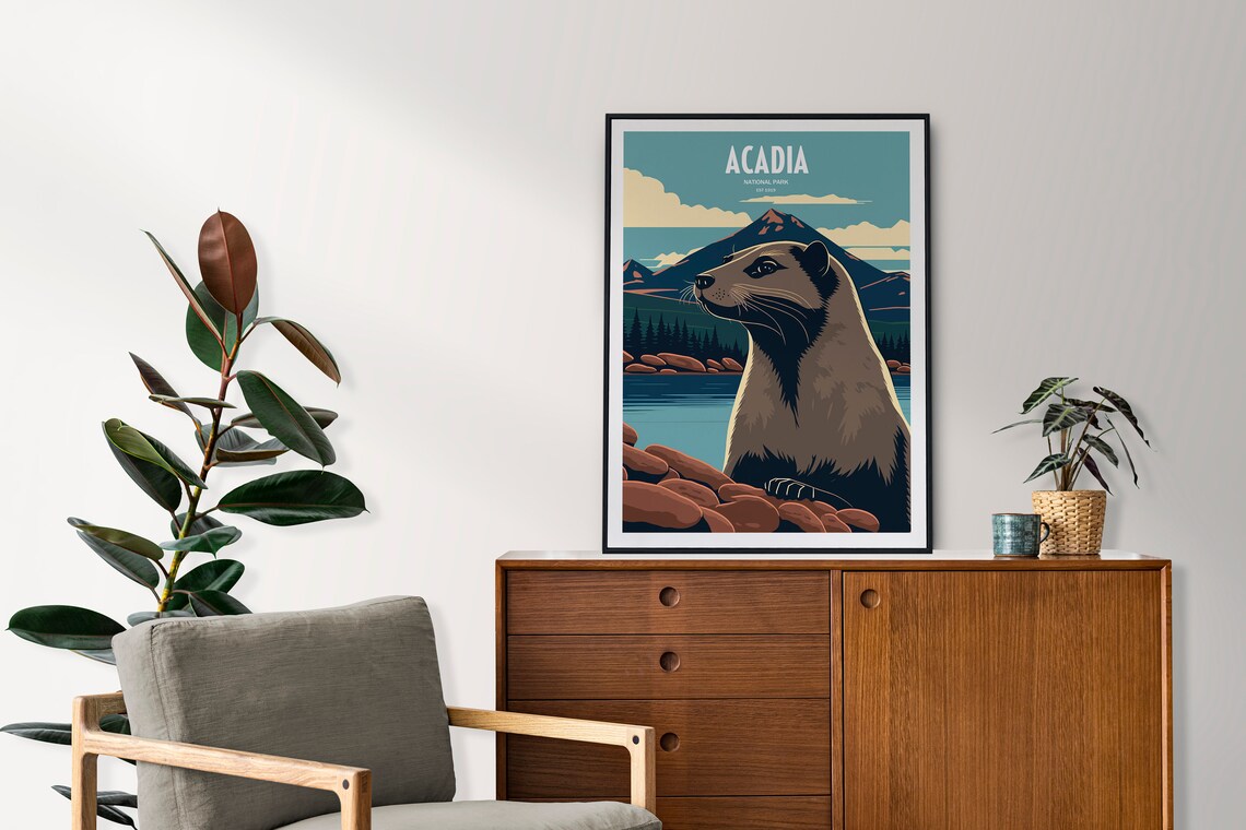 Acadia National Park Otter Travel Poster Maine Wildlife Vintage Art - Image 2
