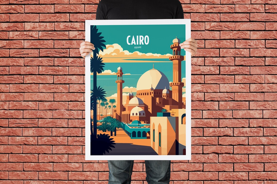 Cairo Egypt Mosque Domes Minarets Palms Vintage Travel Art Poster - Image 3