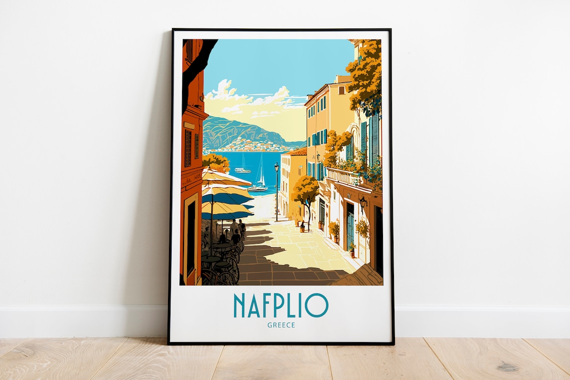 Vintage Nafplio Greece Travel Poster Old Town Harbor Coast Art