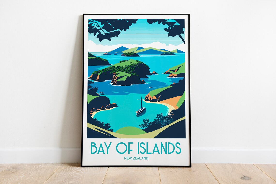 Bay of Islands New Zealand Turquoise Bay Sailboat Travel Poster