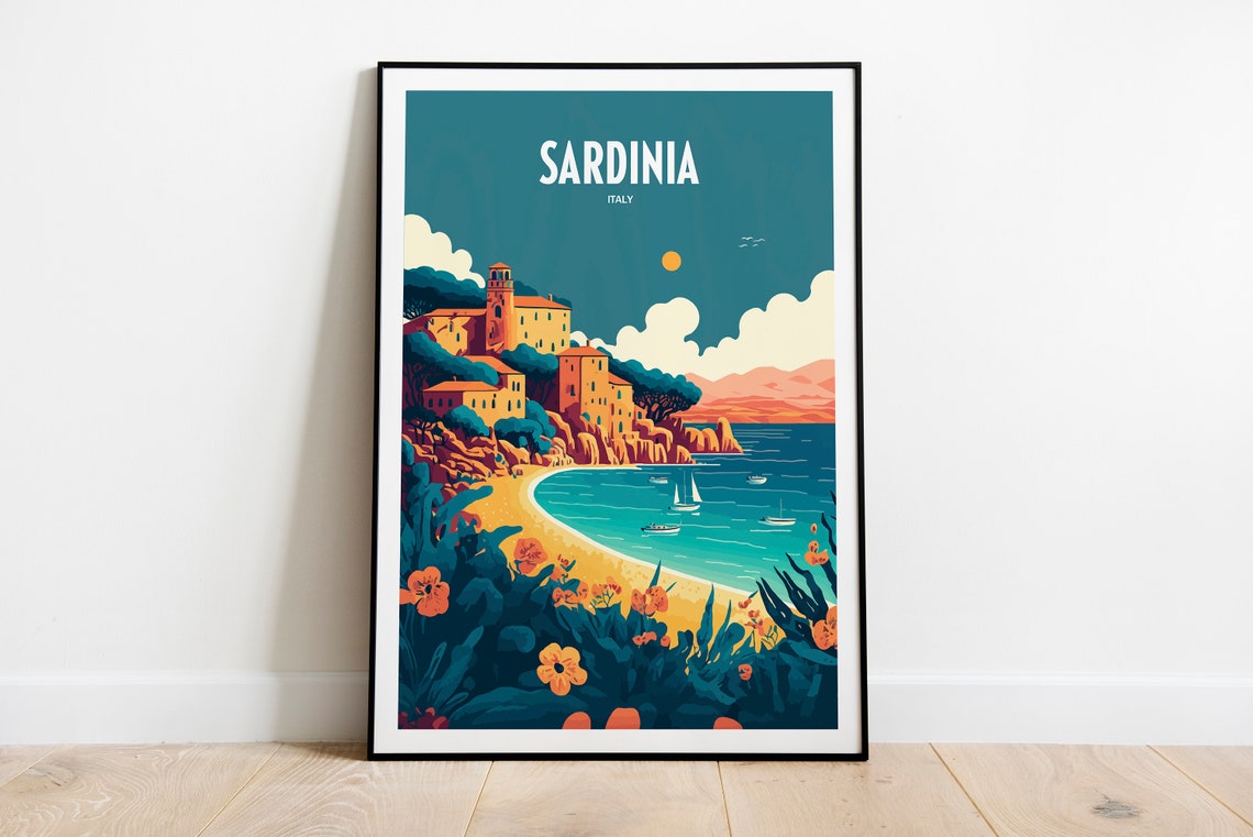 Sardinia Italy Coastal Town Beach Sunset Retro Travel Art Poster