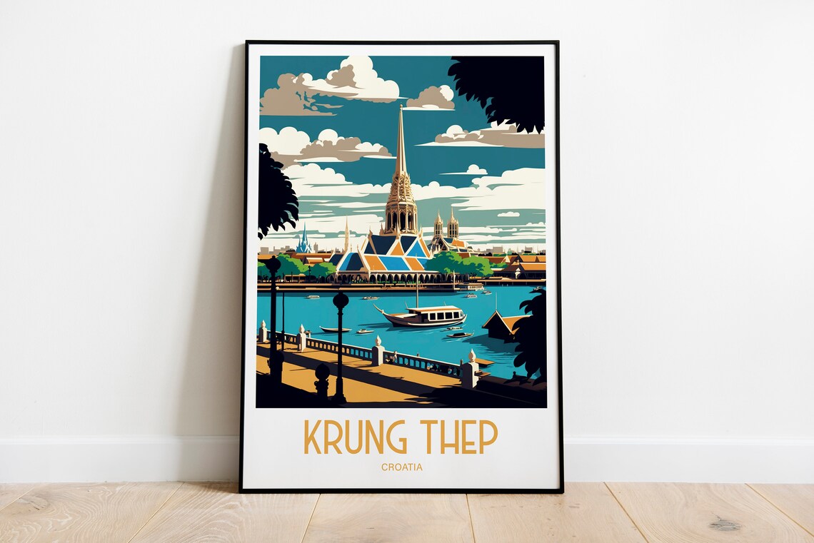 Krung Thep Croatia Golden Temple Riverside Vintage Travel Poster