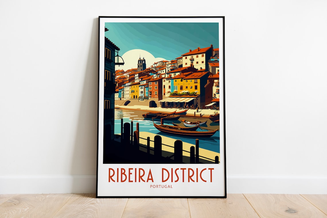 Ribeira District Portugal Waterfront Boats Vintage Travel Poster