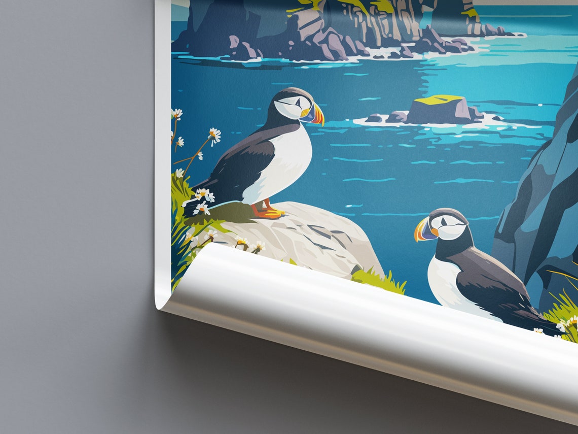 Runde Island Norway Puffin Poster with Seabirds on Sea Cliffs