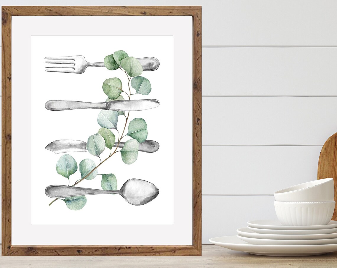 Silver Utensils And Eucalyptus, Farmhouse Decor