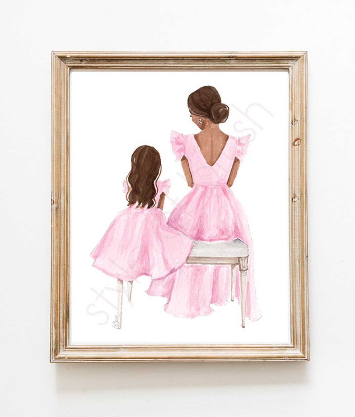 Brunette Mother with Daughter in Pink Dresses Seated Close Poster - Image 2