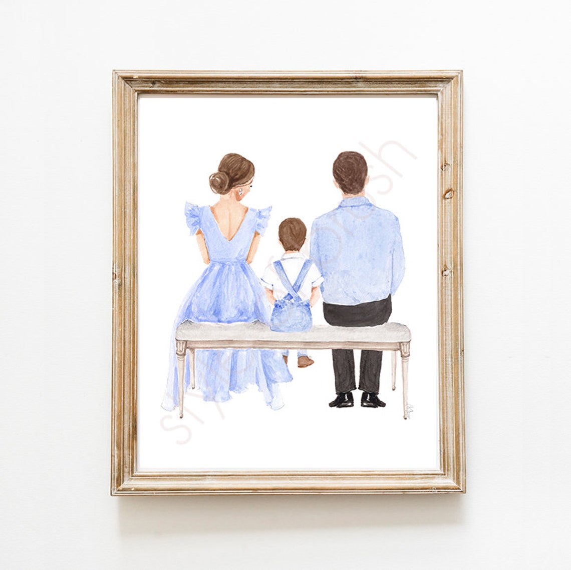 Mother Father and Son in Blue Outfits Sitting on a Bench Poster - Image 2