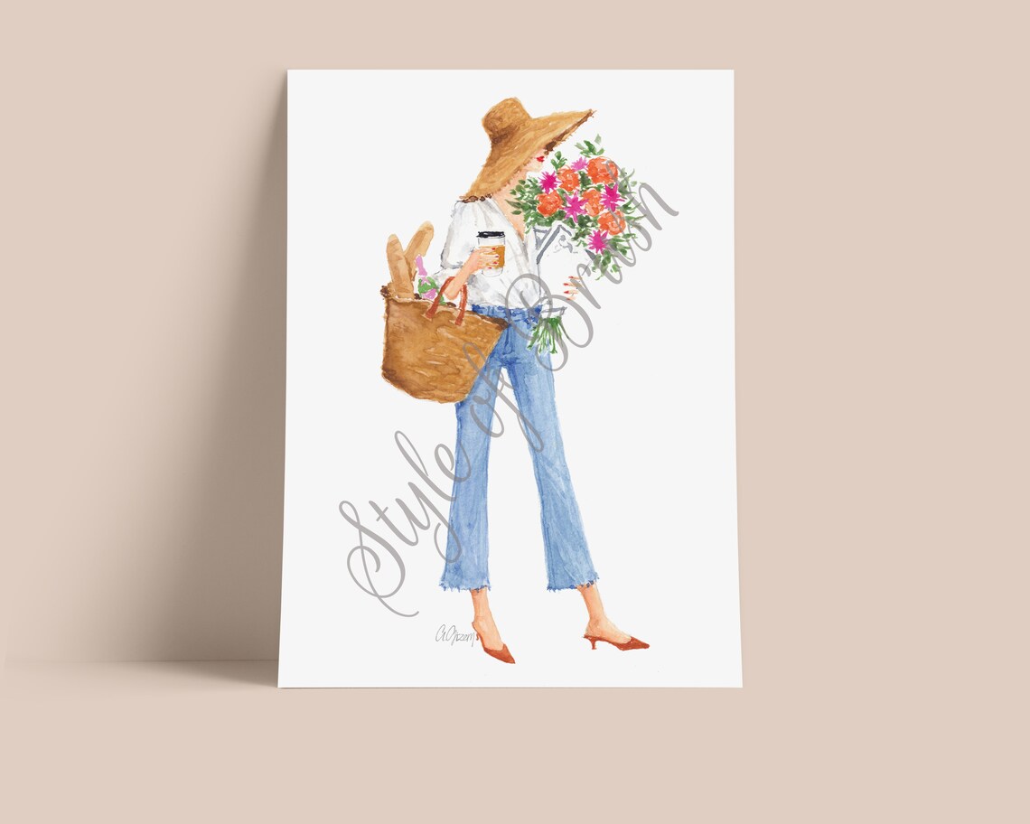 Spring Flower Girl Fashion Illustration Print Parisian Hat Bouquet - Image 2