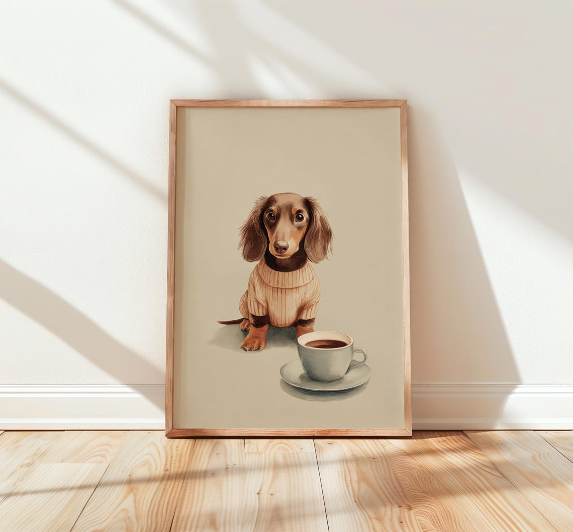 Dachshund In Sweater Coffee Poster Cute Watercolor Dog Kitchen Decor