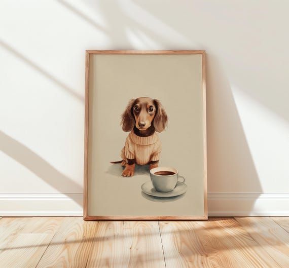 Dachshund With Coffee Watercolor Dog Painting Cute Pet Wall Art For Lovers Quirky Cafe Decor Funny Wiener Poster 155