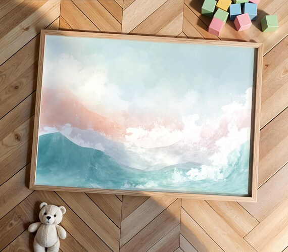 Pastel Ocean Waves Watercolor Poster Dreamy Coastal Seascape Beach Decor