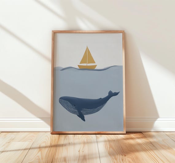 Whale Swimming Nursery Art Print Ocean Sailboat Scene Nautical Wall Decor 63