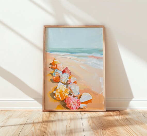 Colorful Painted Seashells Lined Up on a Pastel Beach Shoreline Poster