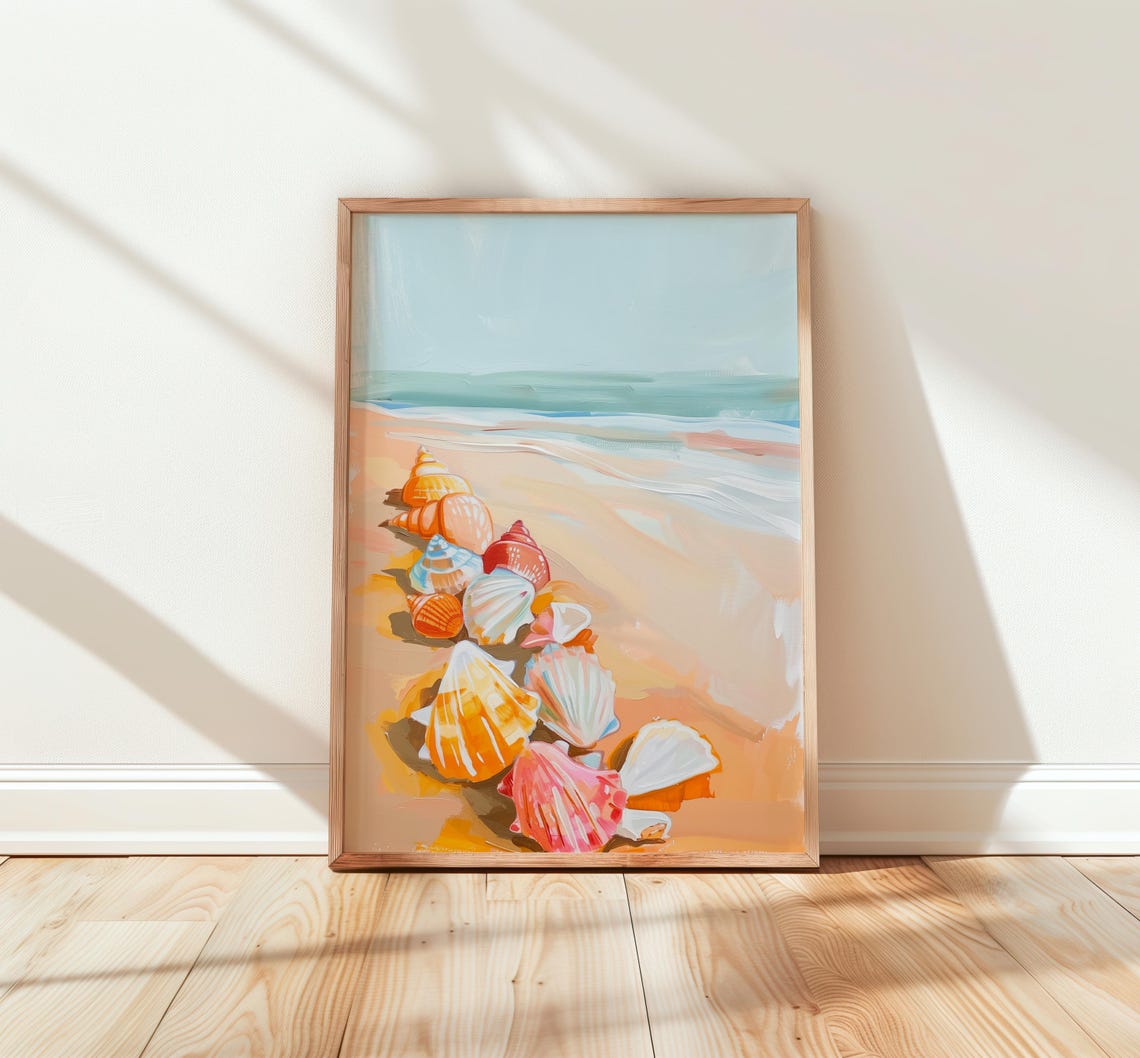 Colorful Painted Seashells Lined Up on a Pastel Beach Shoreline Poster