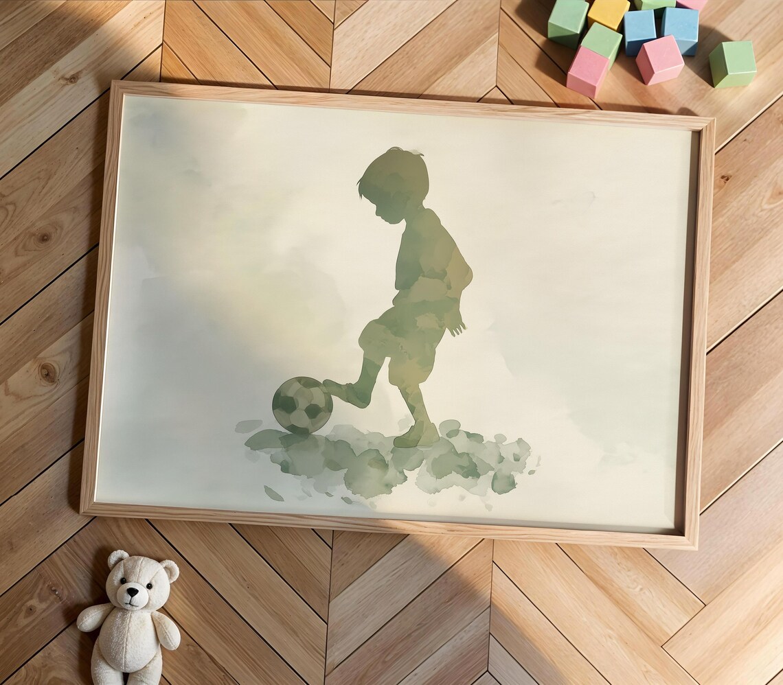 Child Kicking Soccer Ball Poster Watercolor Kids Sports Silhouette Art