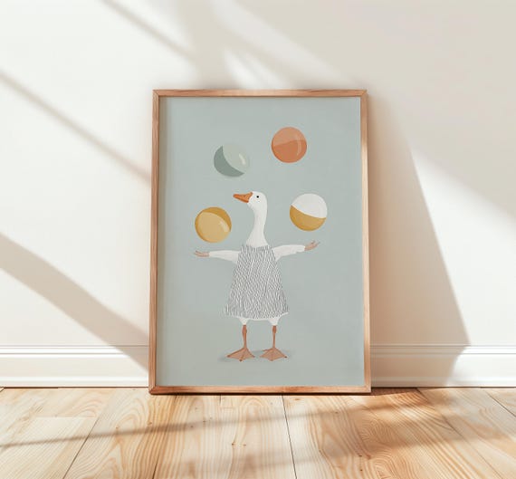 Playful Goose Juggling Art Wall Decor Colorful Nursery Print Whimsical Animal For Kids Room Fun Illustrated Poster 84