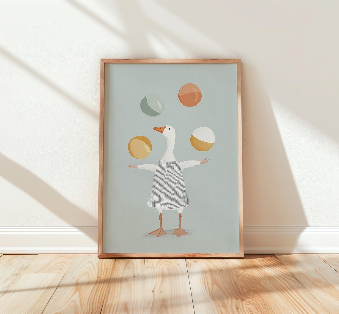 Juggling Goose Whimsical Nursery Striped Dress Cute Animal Art Poster