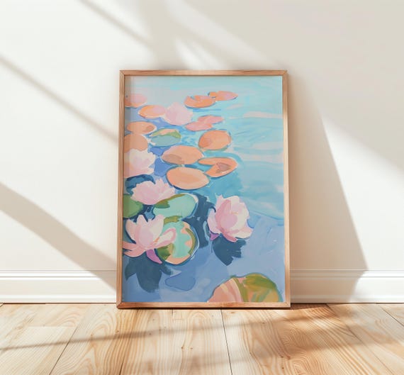 Pastel Water Lilies On Soft Dreamy Watercolor Art Nursery Decor Floating Petals Airy Tone Wall Serenity 272