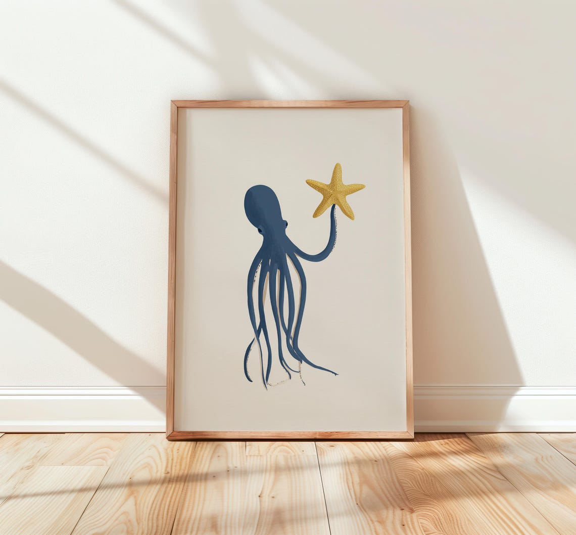 Navy Octopus Holding Golden Starfish Cute Scandi Nursery Print