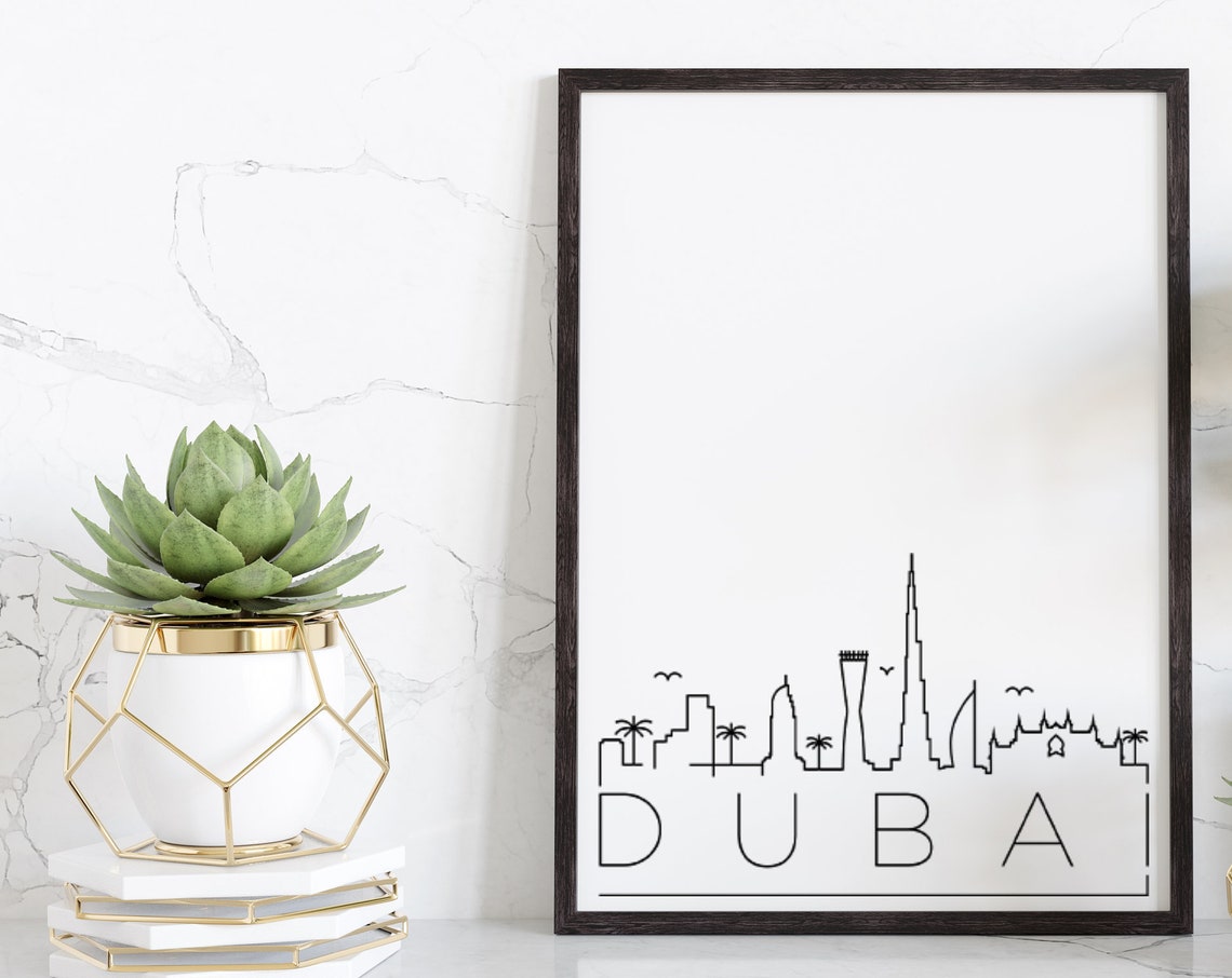 Dubai UAE Burj Khalifa Palm Trees Minimalist Skyline Line Art Poster
