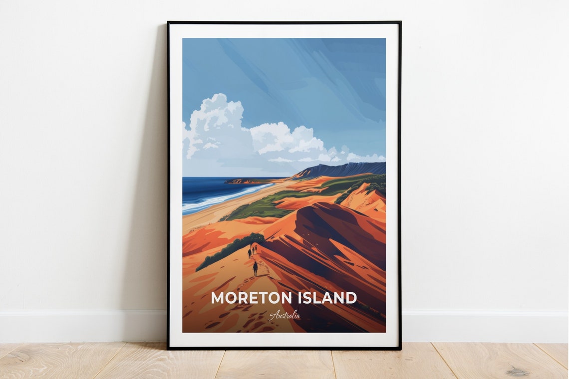 Moreton Island Australia Orange Sand Dunes and Hikers Travel Poster
