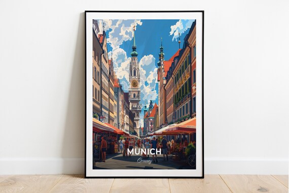 Munich Viktualienmarkt Street Market Church Tower Travel Poster