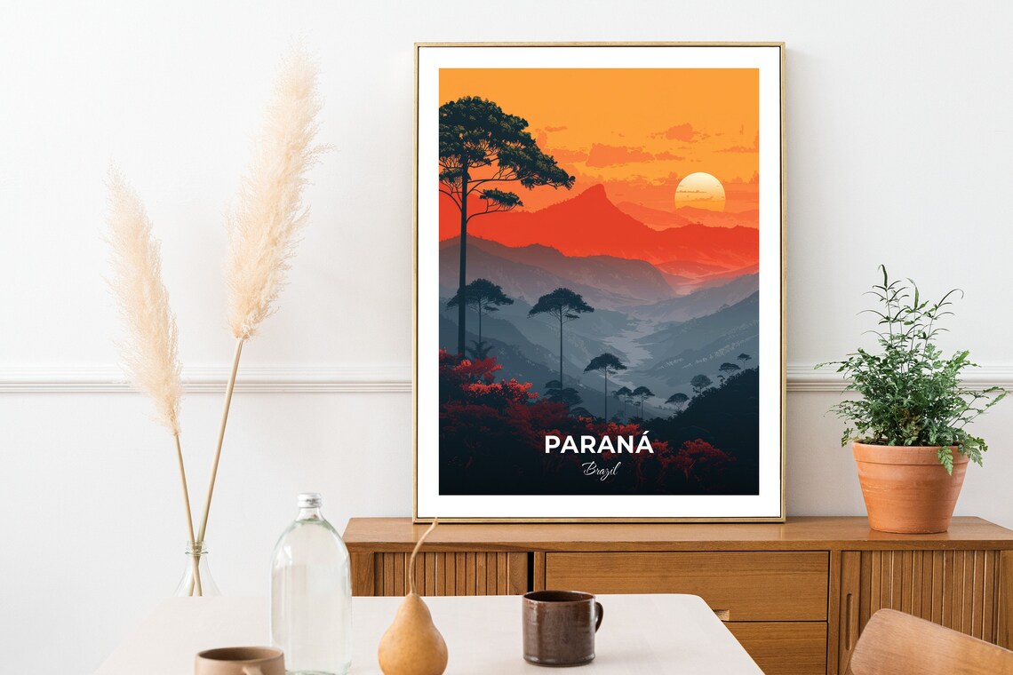 Parana Brazil Mountain Sunset Valley Tall Pines Landscape Travel Poster - Image 2