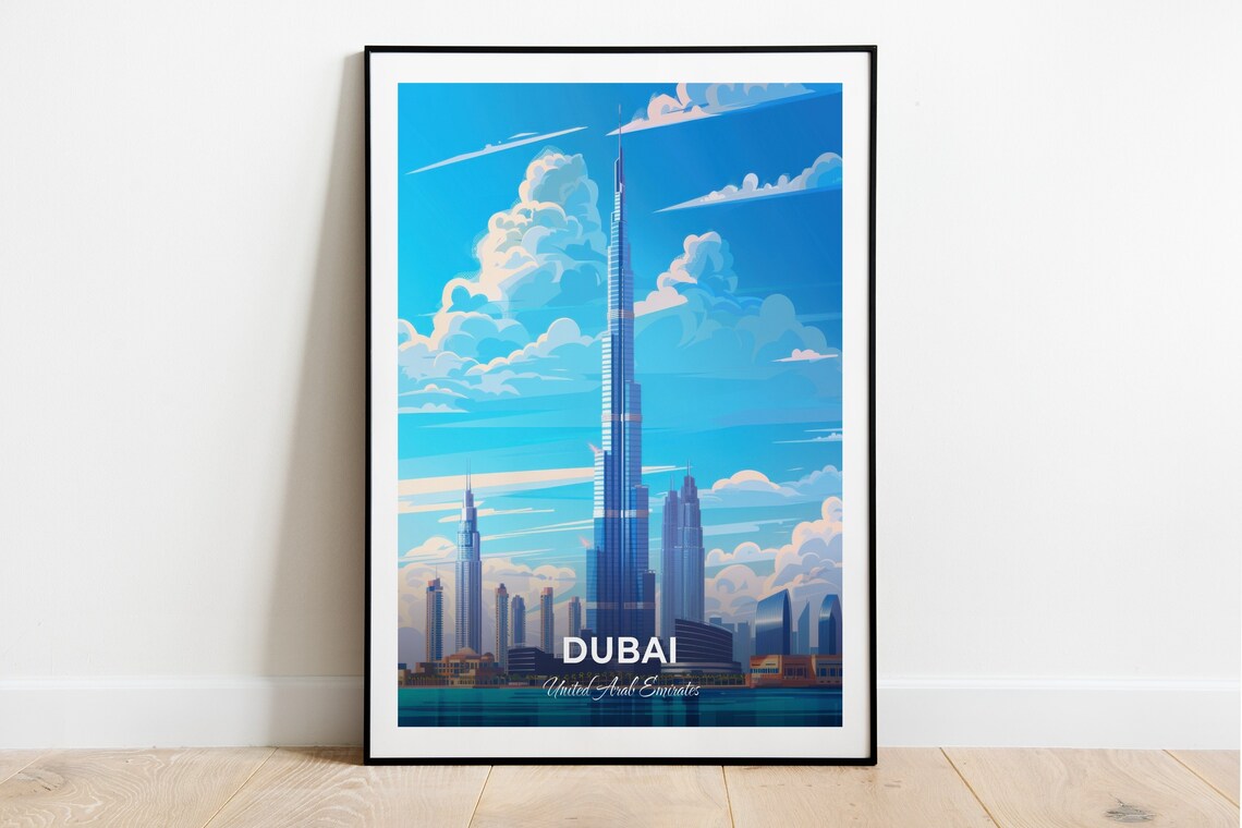 Dubai Burj Khalifa Tower Blue Skyline United Arab Emirates Travel Poster