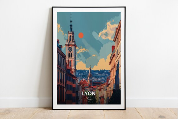 Lyon France Travel Poster Historic Street Clock Tower Sunset Artwork