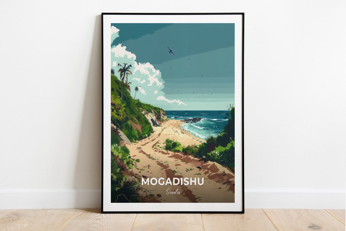 Mogadishu Somalia Tropical Beach Coastline With Palms And Plane Poster