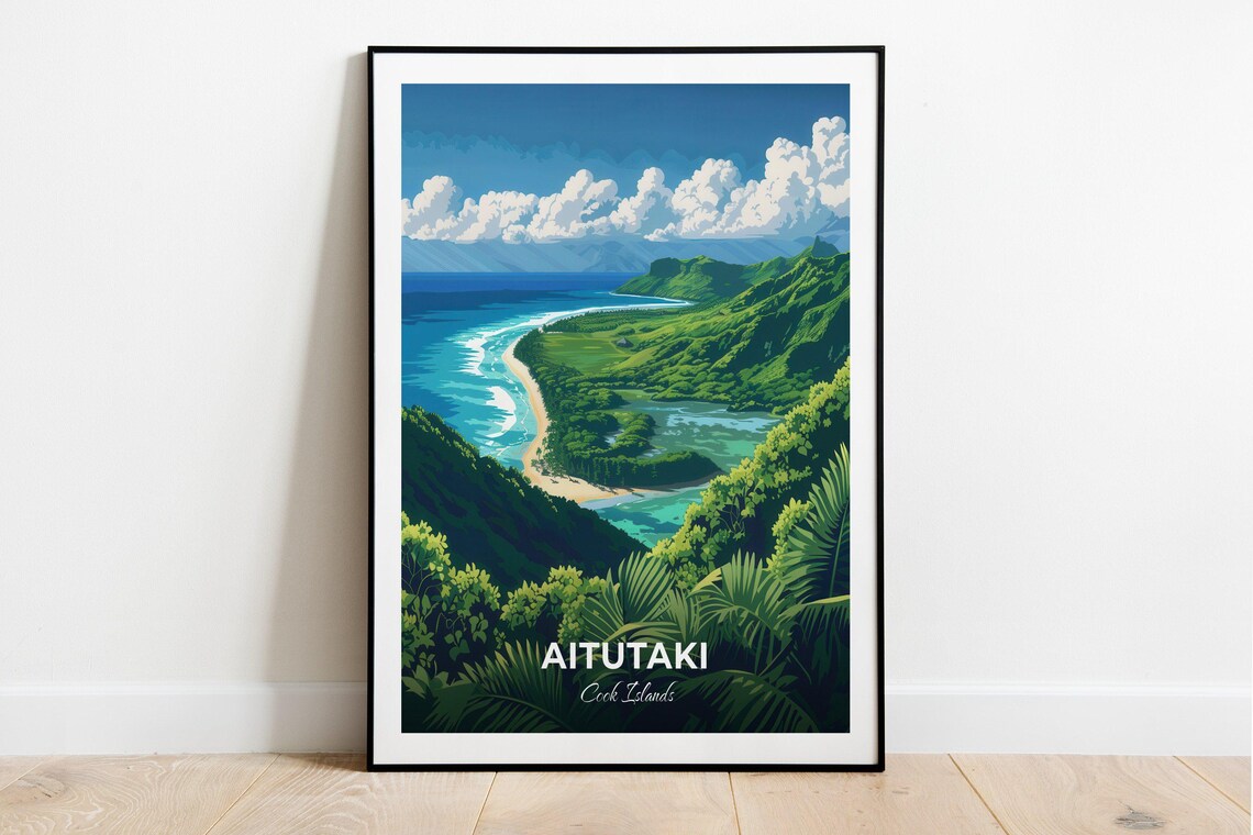 Aitutaki Cook Islands Tropical Lagoon Aerial Island Travel Poster
