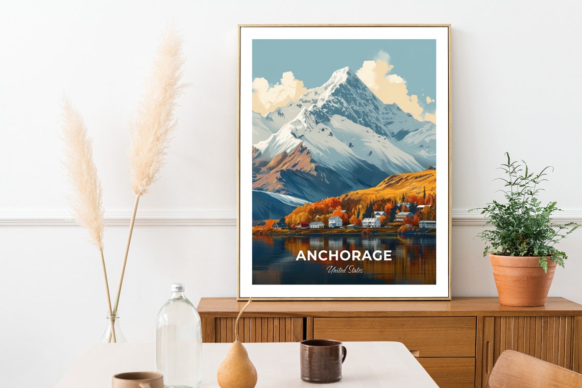 Anchorage Alaska Lakeside Cabins Snowy Peak Autumn Travel Poster - Image 2