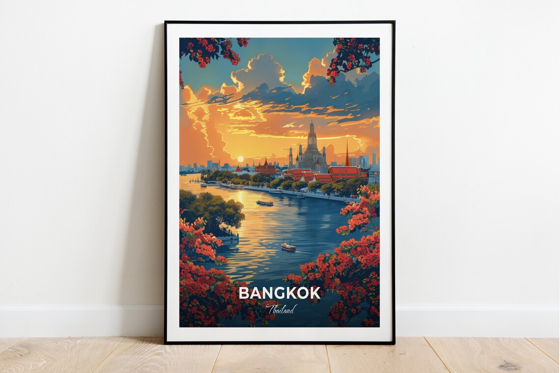 Bangkok Thailand Rattanakosin Sunset River Temple View Travel Poster