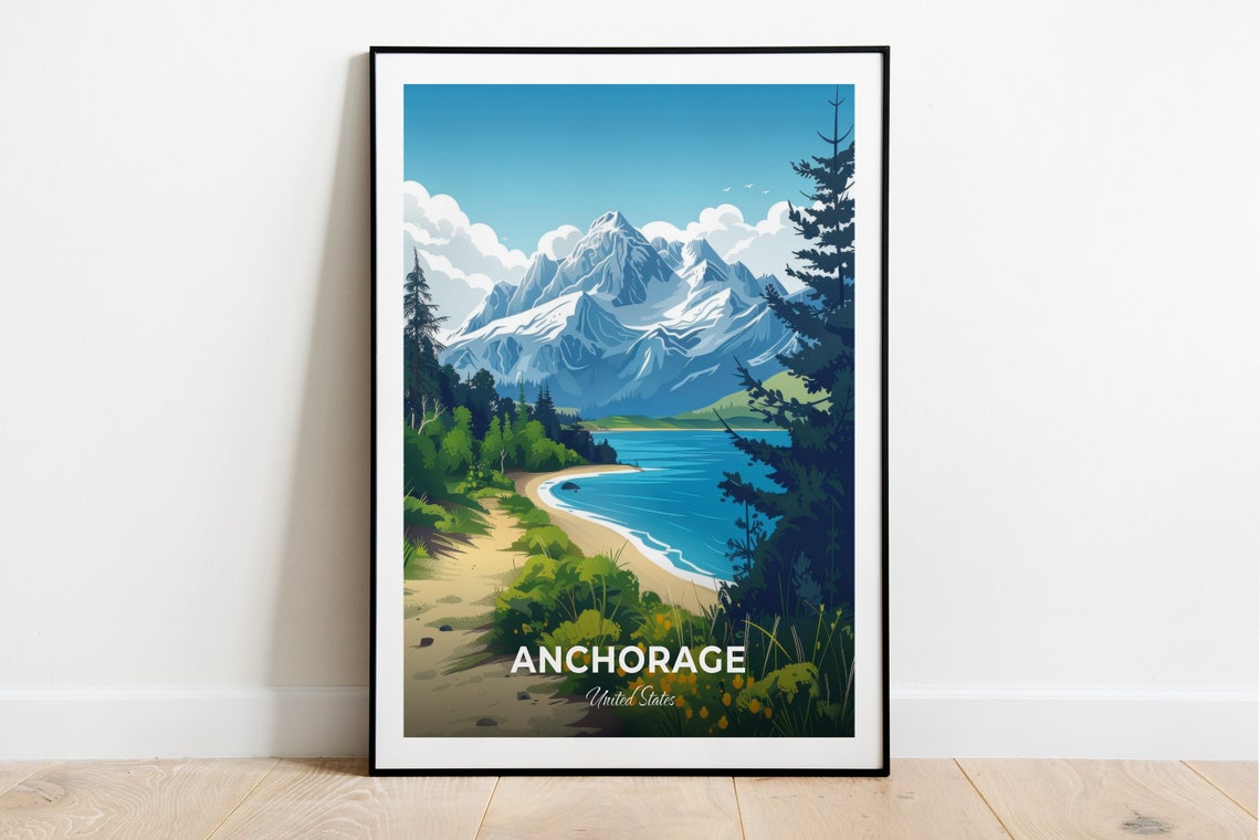 Anchorage Alaska Snowcapped Mountain Beach Vintage Travel Poster