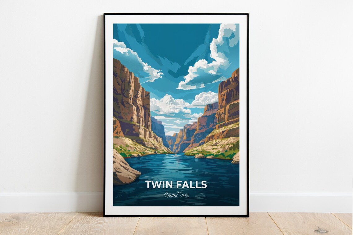 Twin Falls River Canyon With Dramatic Clouds United States Travel Poster