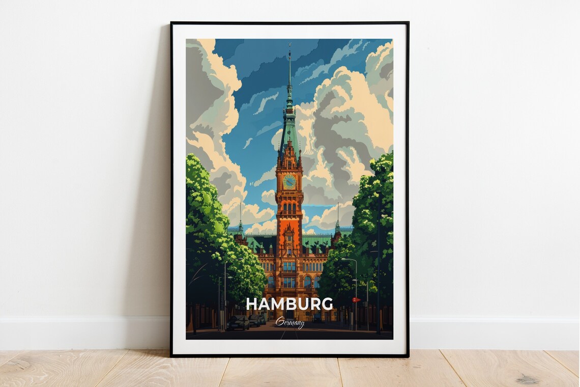 Hamburg City Hall Rathaus Clock Tower Green Park Travel Poster