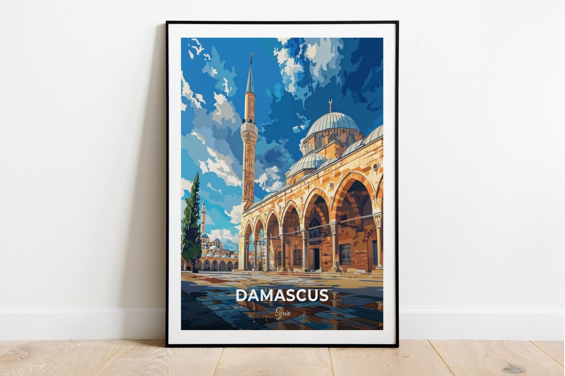 Damascus Grand Mosque Minaret Arcade Courtyard Travel Scene Poster