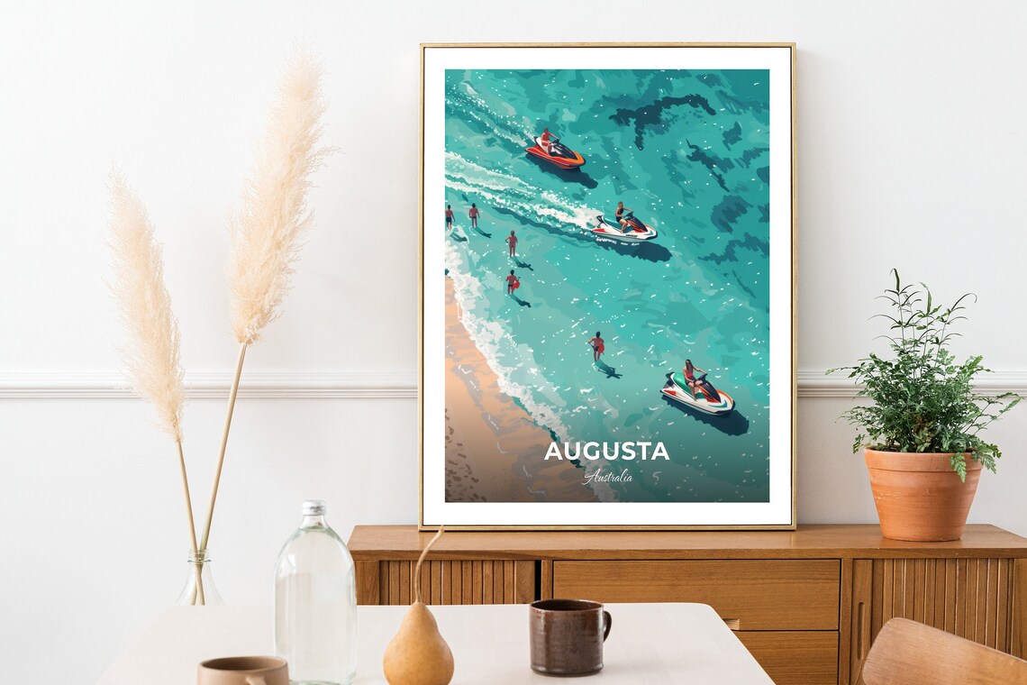 Augusta Turquoise Bay Jet Skis Swimmers Australia Vintage Travel Poster - Image 3